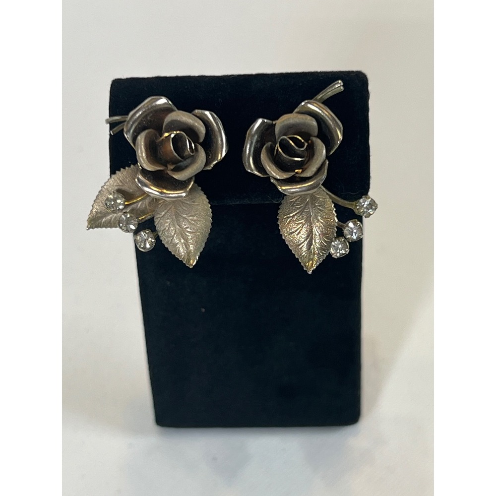 Vintage Silver Tone Rose Flower Rhinestone Screw Back Earrings Botanical Jewelry